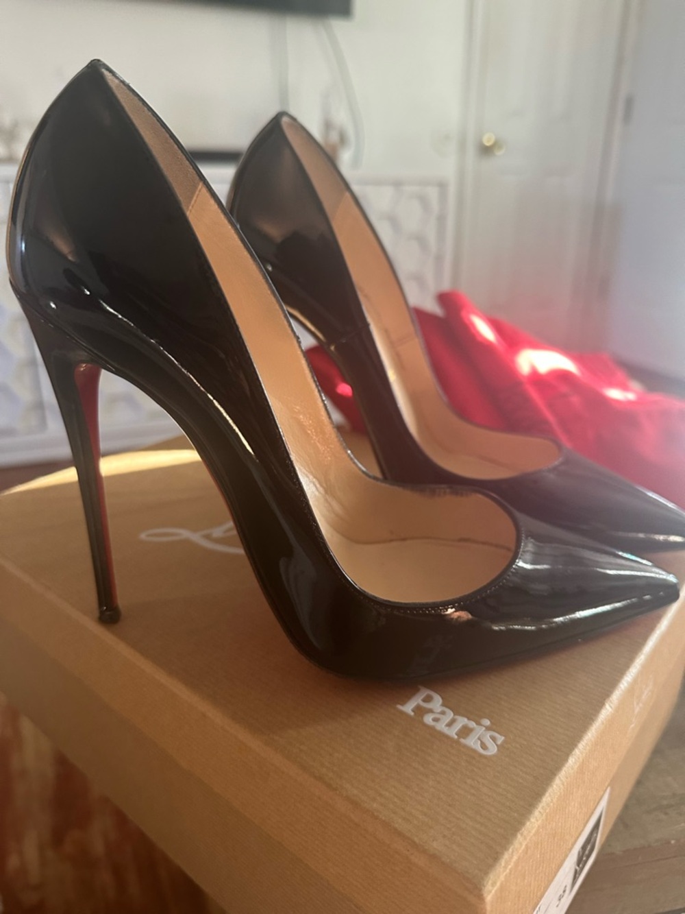 Christian Louboutin Black Patent Pointed Toe Stilettos with Red Soles